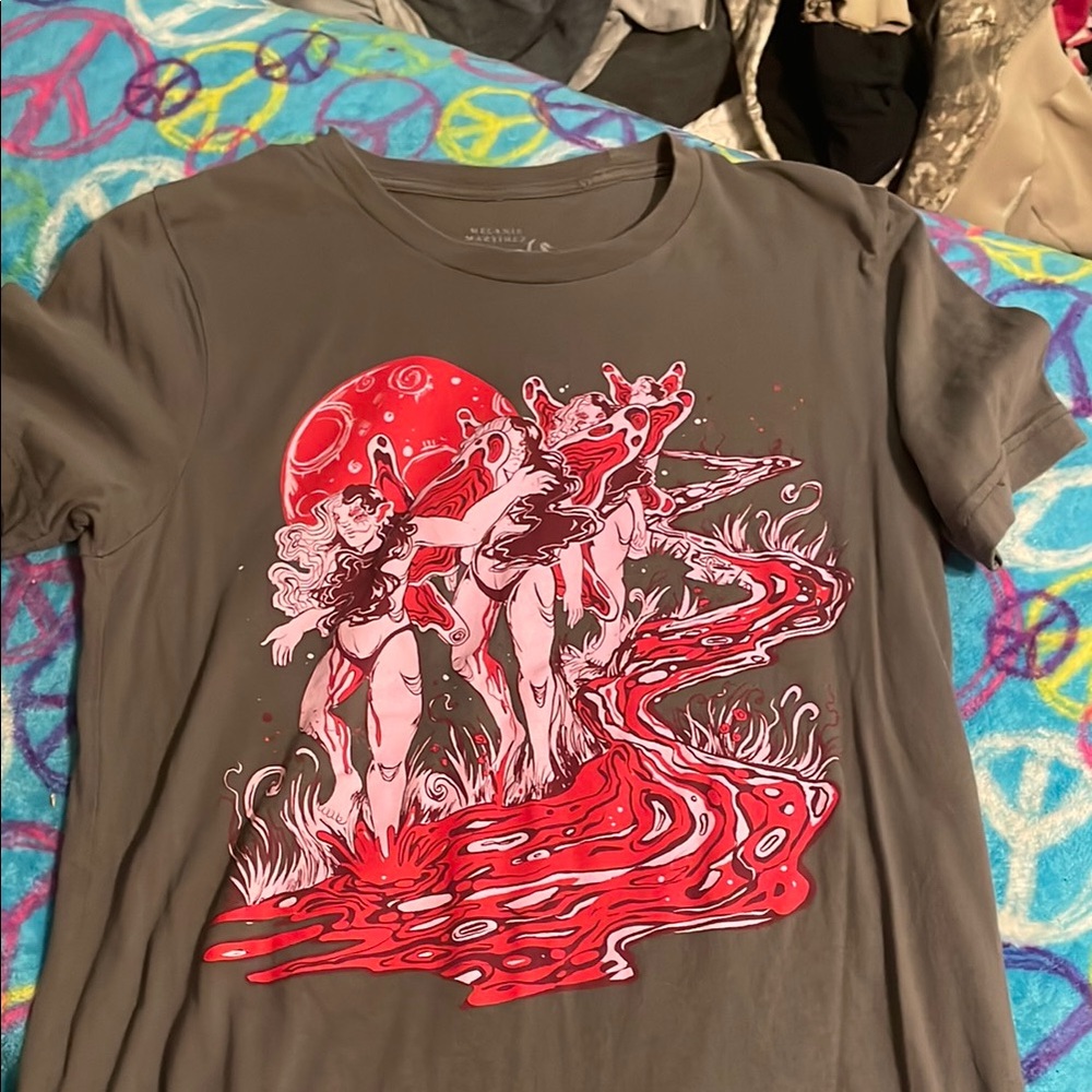 Gray Graphic T-Shirt with Red and White Design